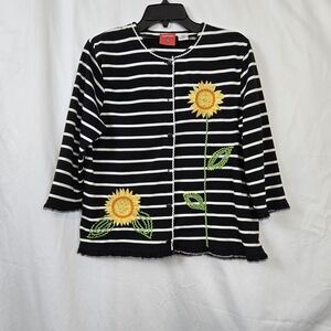 Sportelle Women Black White Stripe Sunflower 3/4 Sleeve Lightweight Casual Top S